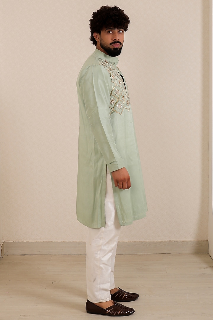 Teal Green Pure Dupion Silk Gota Embroidered Kurta Set by Menero at Pernia's Pop Up Shop