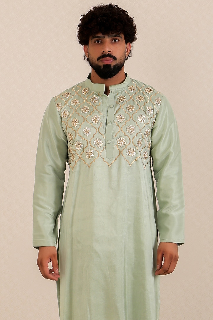 Teal Green Pure Dupion Silk Gota Embroidered Kurta Set by Menero at Pernia's Pop Up Shop