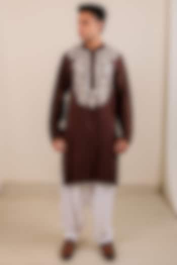 Dark Brown Pure Dupion Silk Embroidered Kurta Set by Menero at Pernia's Pop Up Shop
