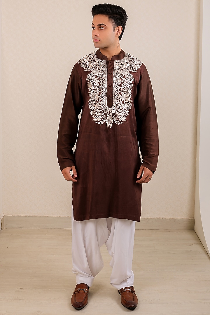 Dark Brown Pure Dupion Silk Embroidered Kurta Set by Menero at Pernia's Pop Up Shop