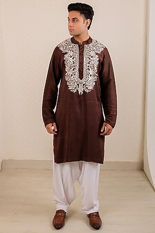 Dark Brown Pure Dupion Silk Embroidered Kurta Set by Menero