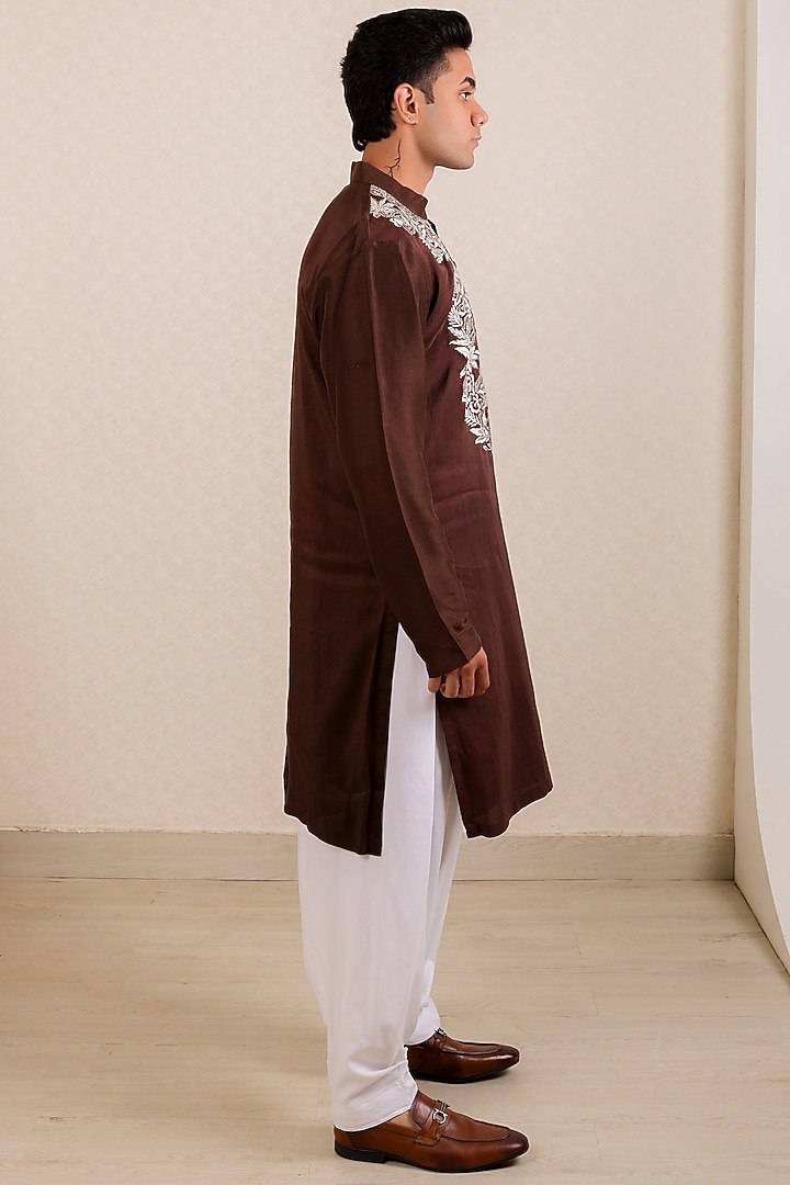 Dark Brown Pure Dupion Silk Embroidered Kurta Set by Menero at Pernia's Pop Up Shop
