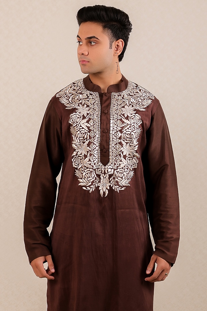 Dark Brown Pure Dupion Silk Embroidered Kurta Set by Menero at Pernia's Pop Up Shop
