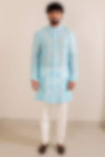 Light Blue Chanderi Silk Motif Embroidered Kurta Set by Menero at Pernia's Pop Up Shop