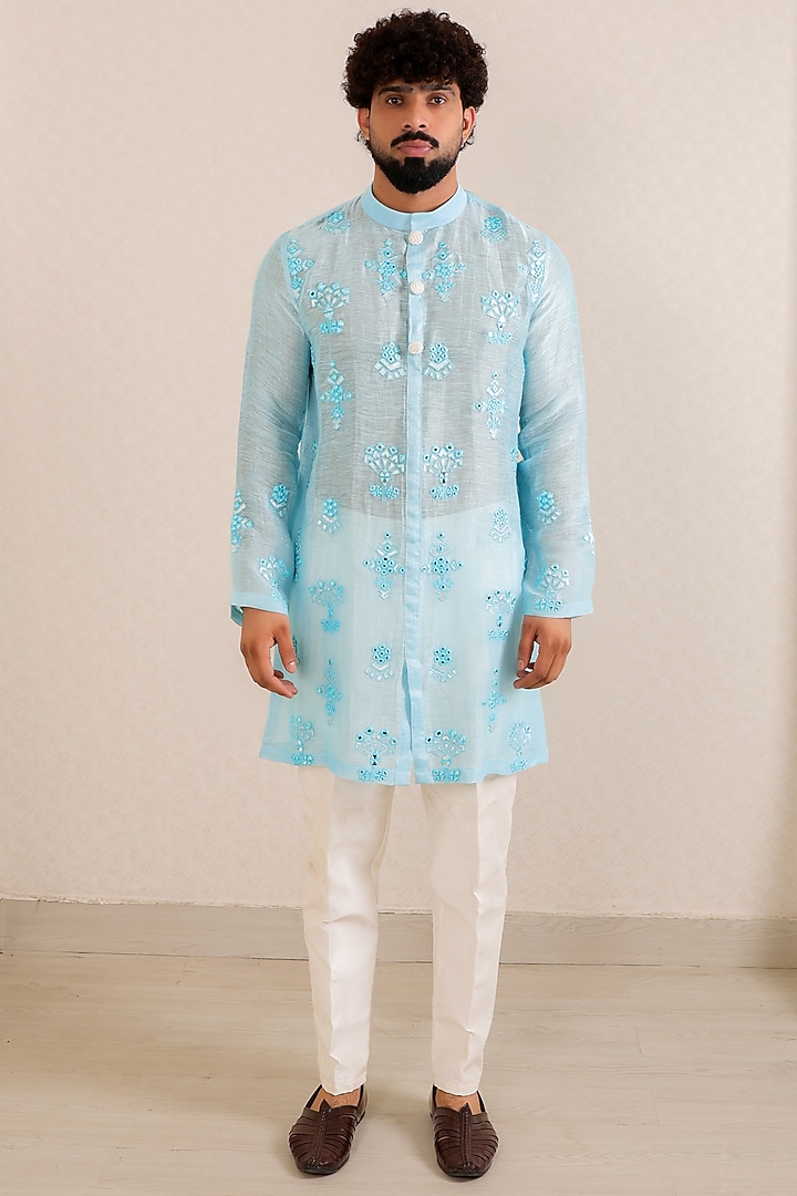 Light Blue Chanderi Silk Motif Embroidered Kurta Set by Menero at Pernia's Pop Up Shop