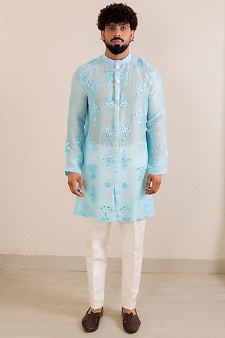 Light Blue Chanderi Silk Motif Embroidered Kurta Set by Menero