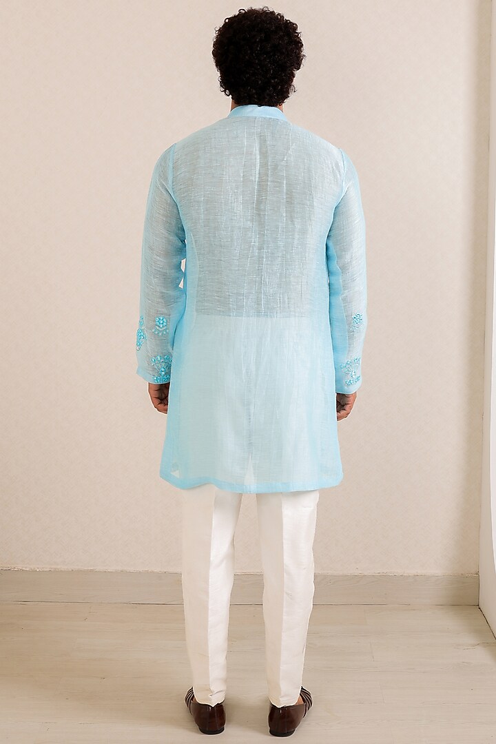 Light Blue Chanderi Silk Motif Embroidered Kurta Set by Menero at Pernia's Pop Up Shop
