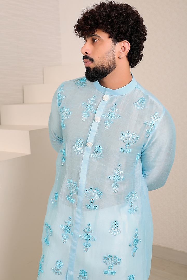 Light Blue Chanderi Silk Motif Embroidered Kurta Set by Menero at Pernia's Pop Up Shop