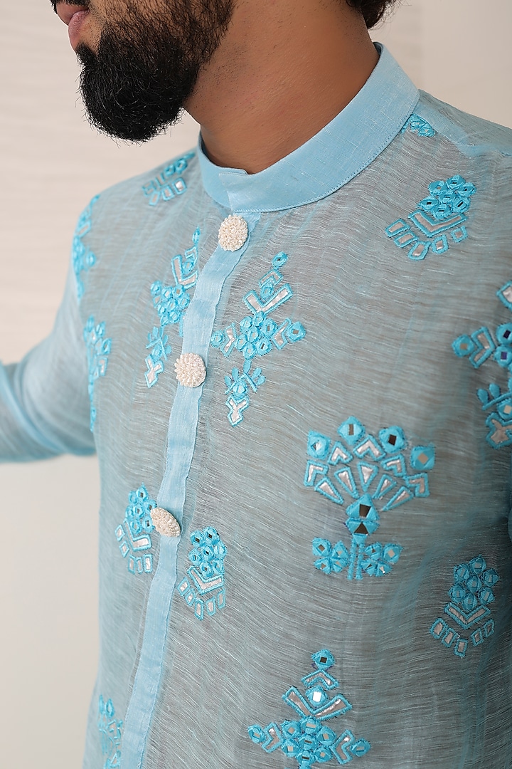 Light Blue Chanderi Silk Motif Embroidered Kurta Set by Menero at Pernia's Pop Up Shop