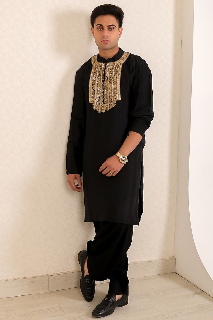 Black Pure Dupion Silk Zardosi Work Kurta Set by Menero at Pernia's Pop Up Shop