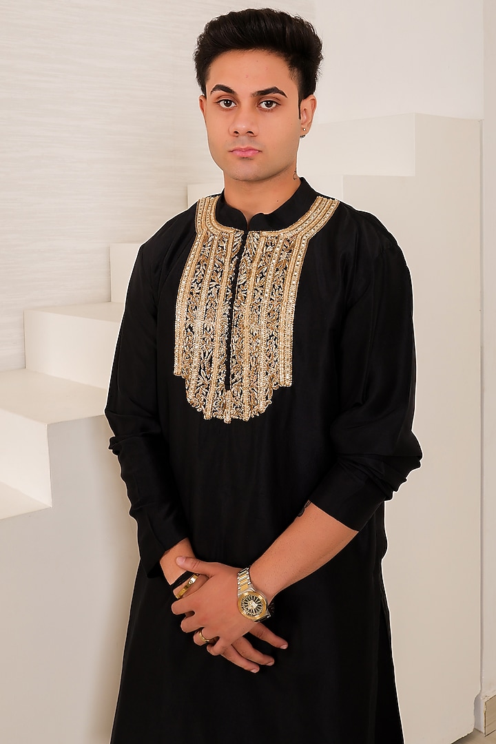 Black Pure Dupion Silk Zardosi Work Kurta Set by Menero at Pernia's Pop Up Shop