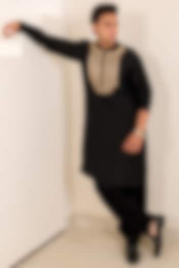 Black Pure Dupion Silk Zardosi Work Kurta Set by Menero at Pernia's Pop Up Shop