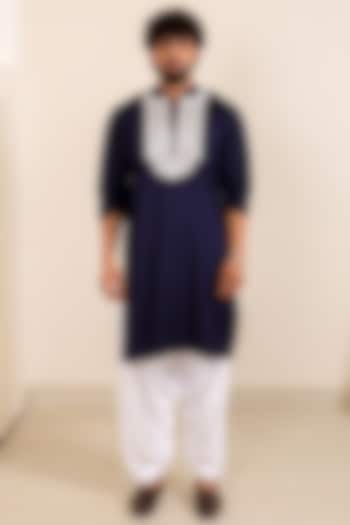 Navy Blue Pure Dupion Silk Zardosi Work Kurta Set by Menero at Pernia's Pop Up Shop