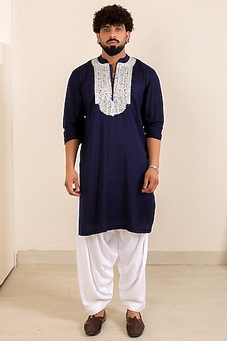 Navy Blue Pure Dupion Silk Zardosi Work Kurta Set by Menero