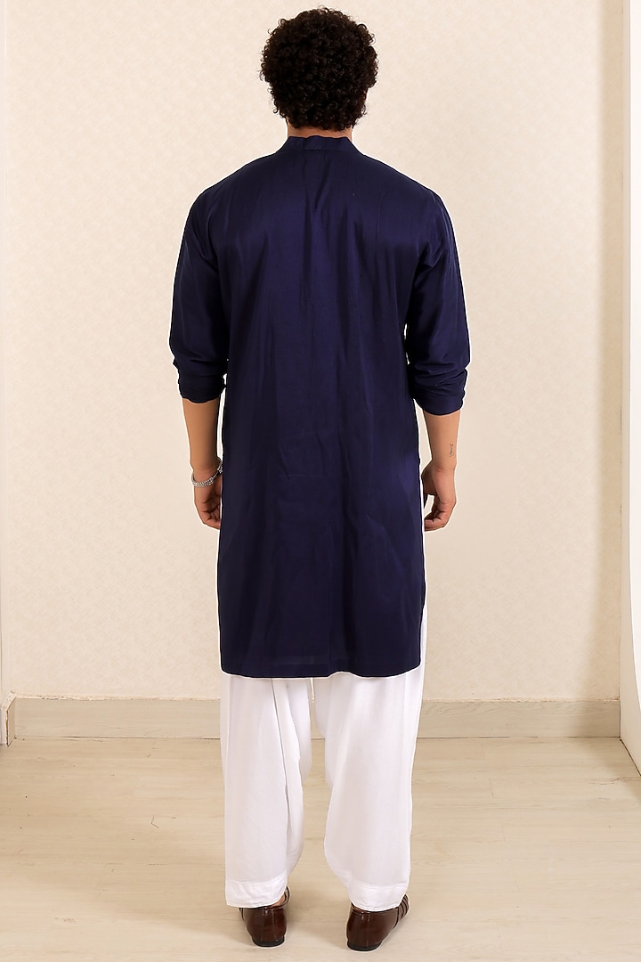 Navy Blue Pure Dupion Silk Zardosi Work Kurta Set by Menero at Pernia's Pop Up Shop