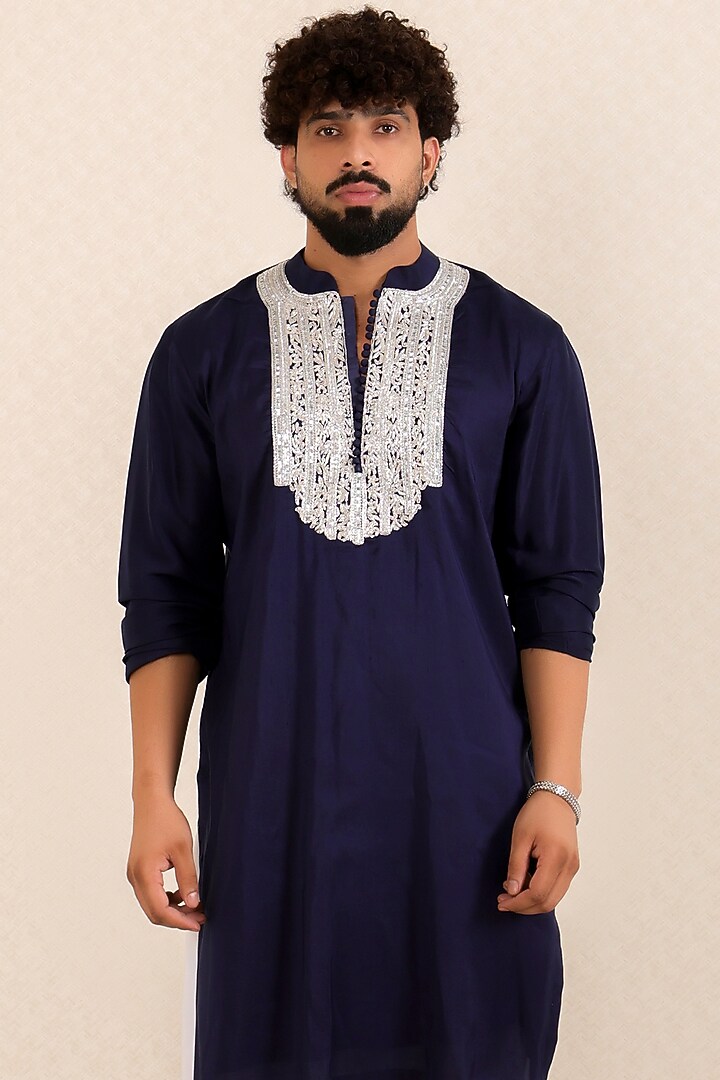 Navy Blue Pure Dupion Silk Zardosi Work Kurta Set by Menero at Pernia's Pop Up Shop