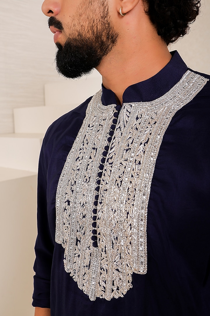 Navy Blue Pure Dupion Silk Zardosi Work Kurta Set by Menero at Pernia's Pop Up Shop