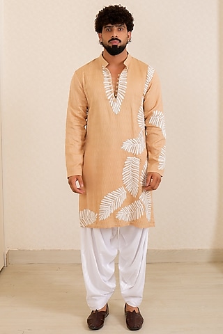 Beige Chanderi Silk Motif Hand Embellished Kurta Set by Menero
