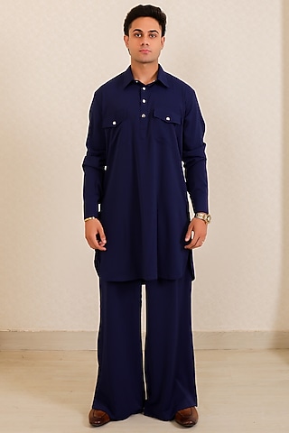 Dark Blue Georgette Short Kurta Set by Menero