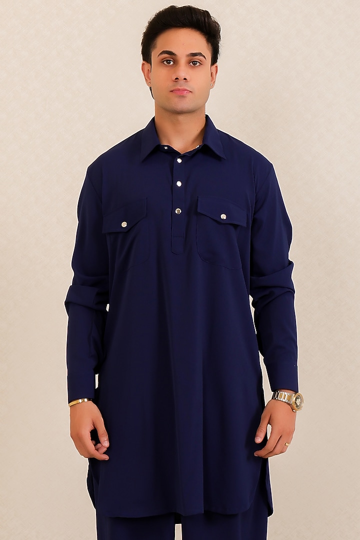Dark Blue Georgette Short Kurta Set by Menero at Pernia's Pop Up Shop