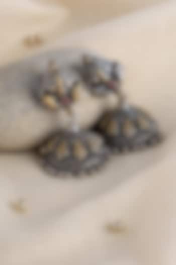 Two Tone Finish Kempstone Temple Jhumka Earrings In Sterling Silver by Mero at Pernia's Pop Up Shop