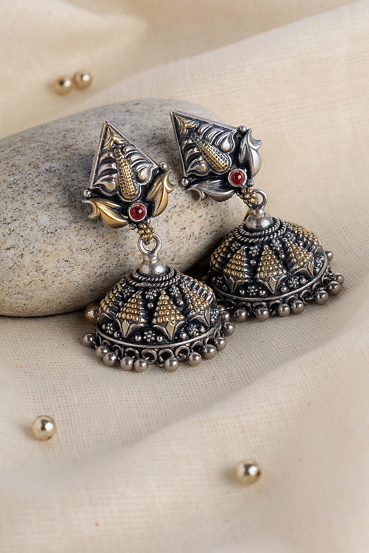 Two Tone Finish Kempstone Temple Jhumka Earrings In Sterling Silver by Mero at Pernia's Pop Up Shop