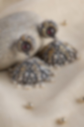 Two Tone Finish Kempstone Temple Jhumka Earrings In Sterling Silver by Mero at Pernia's Pop Up Shop