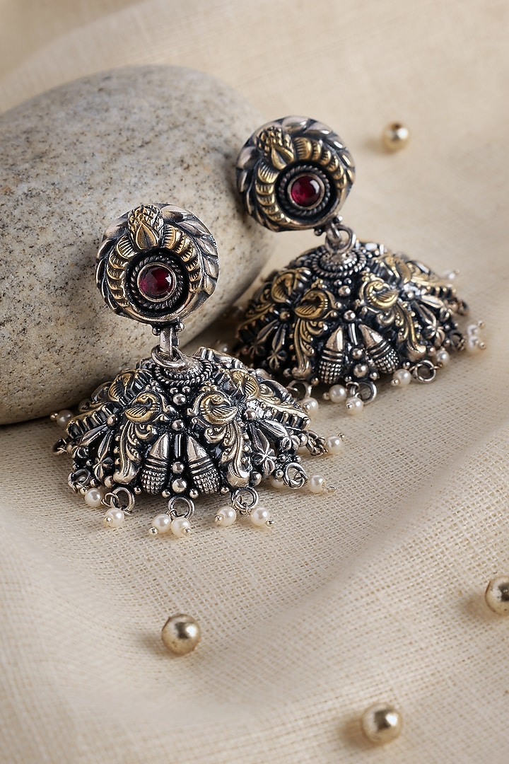 Two Tone Finish Kempstone Temple Jhumka Earrings In Sterling Silver by Mero at Pernia's Pop Up Shop