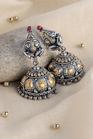 Two Tone Finish Kempstone Temple Long Jhumka Earrings In Sterling Silver by Mero