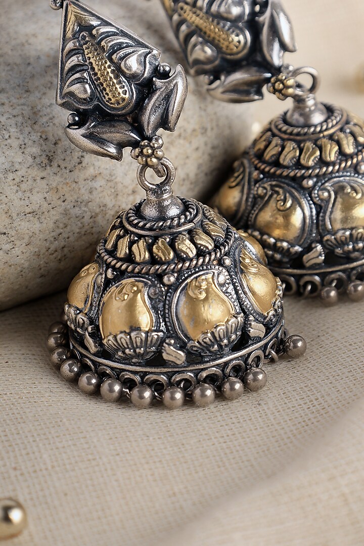 Two Tone Finish Kempstone Temple Long Jhumka Earrings In Sterling Silver by Mero at Pernia's Pop Up Shop