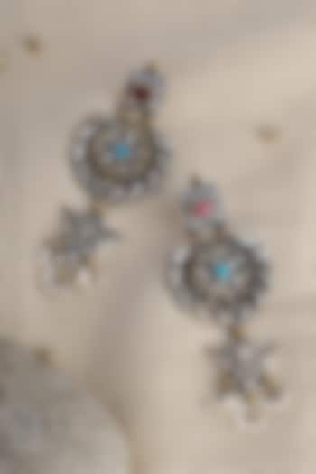 Two Tone Finish Turquoise Stone & Pearl Temple Dangler Earrings In Sterling Silver by Mero at Pernia's Pop Up Shop