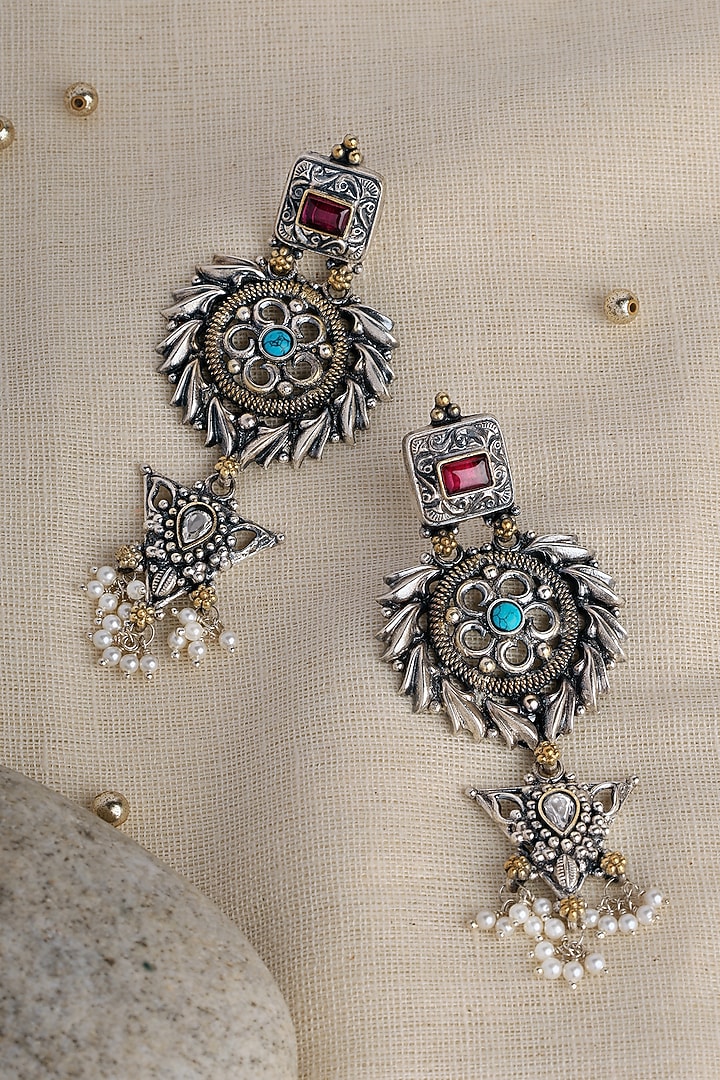 Two Tone Finish Turquoise Stone & Pearl Temple Dangler Earrings In Sterling Silver by Mero at Pernia's Pop Up Shop