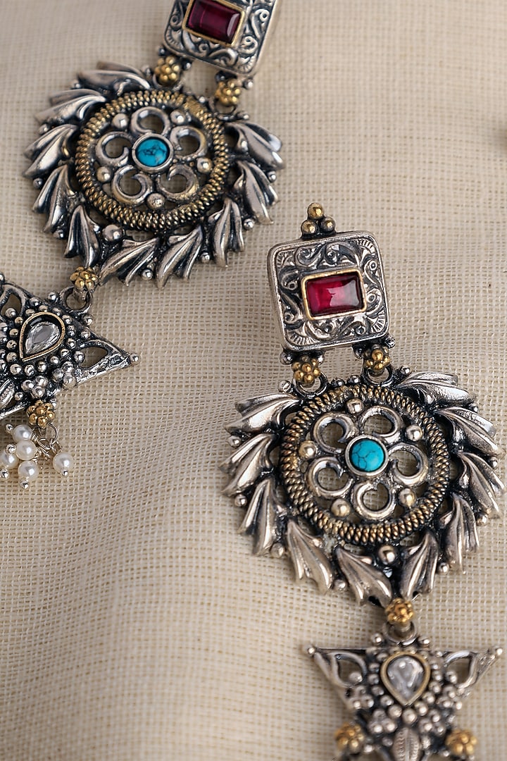 Two Tone Finish Turquoise Stone & Pearl Temple Dangler Earrings In Sterling Silver by Mero at Pernia's Pop Up Shop