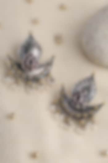 Two Tone Finish Kempstone & Pearl Temple Dangler Earrings In Sterling Silver by Mero at Pernia's Pop Up Shop
