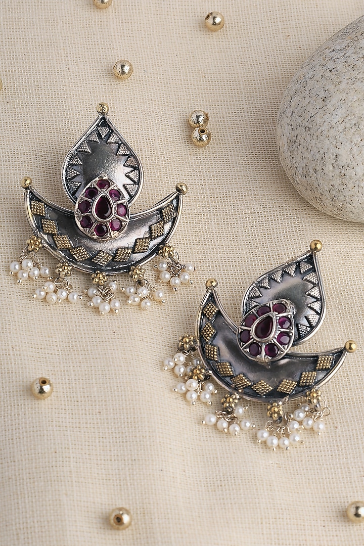 Two Tone Finish Kempstone & Pearl Temple Dangler Earrings In Sterling Silver by Mero at Pernia's Pop Up Shop