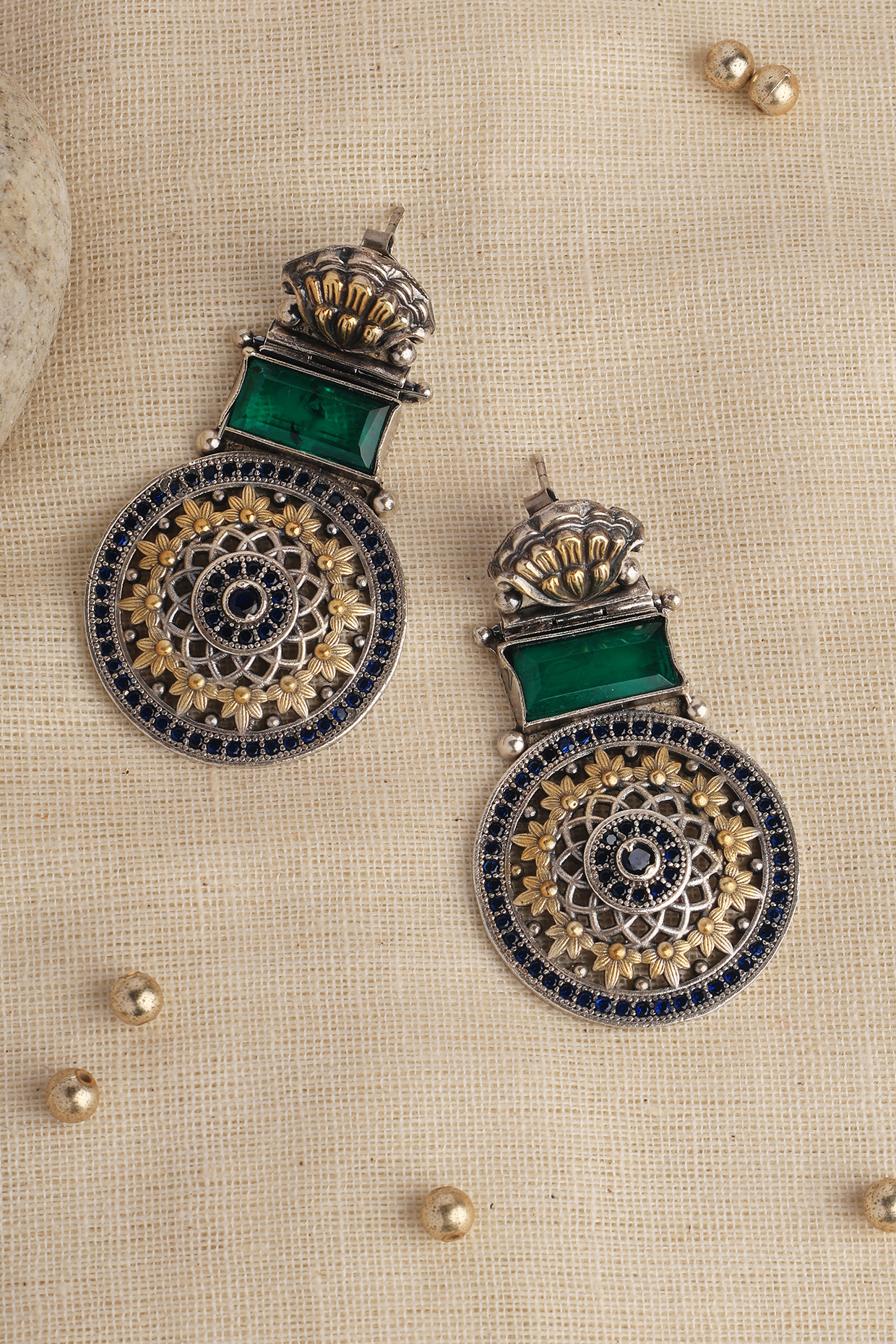 Two Tone Finish Green Kempstone & Pearl Temple Dangler Earrings In Sterling Silver by Mero at Pernia's Pop Up Shop
