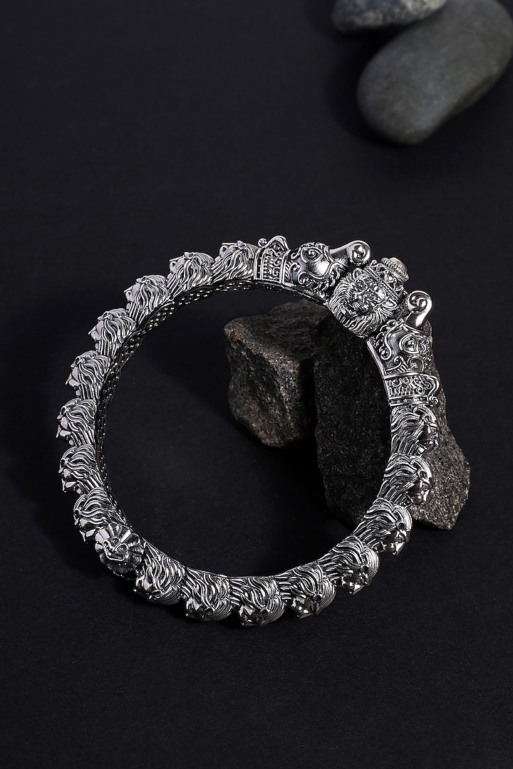 White Finish Lion Temple Kada In Sterling Silver by Mero at Pernia's Pop Up Shop