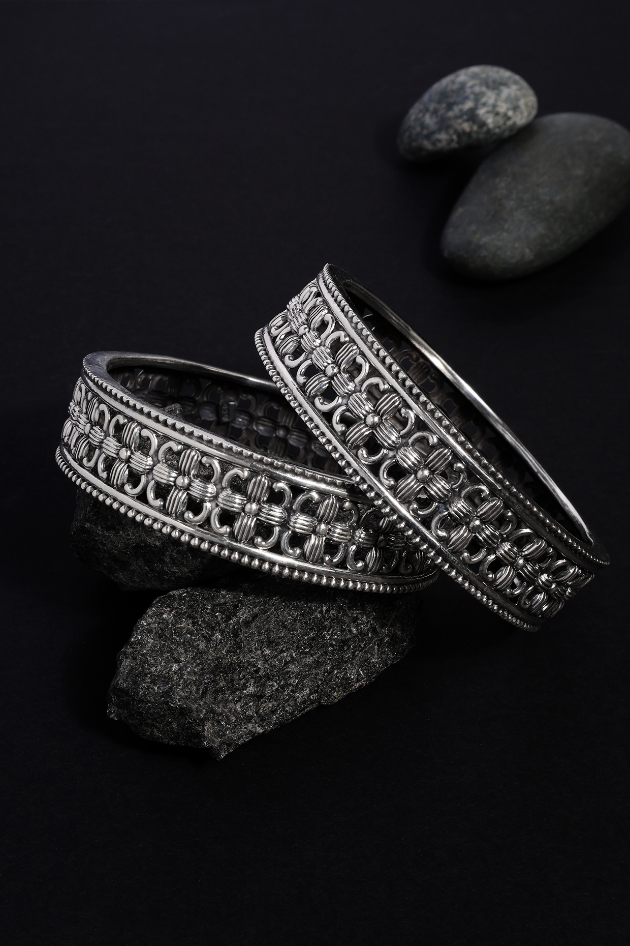 White Finish Temple Bangles In Sterling Silver (Set Of 2) by Mero at Pernia's Pop Up Shop