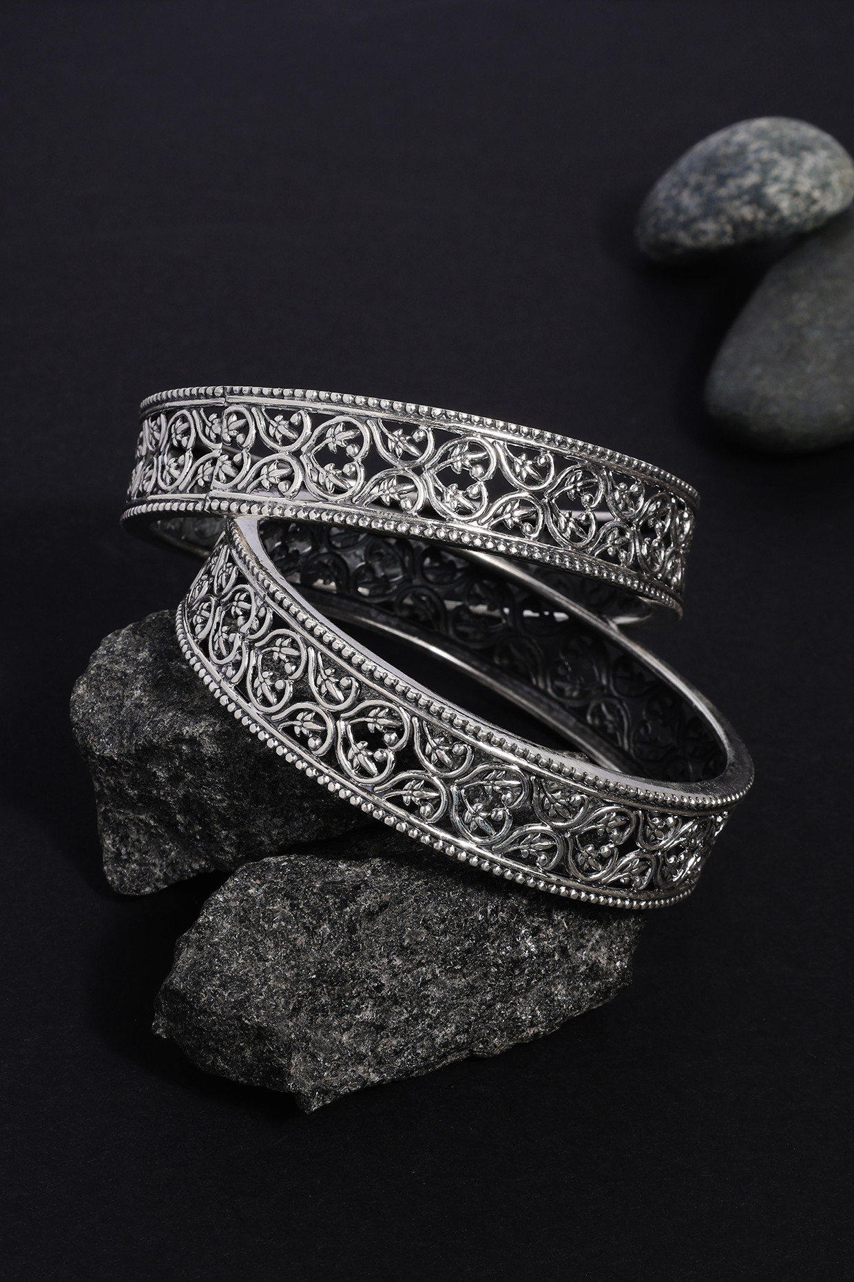 White Finish Leaf Temple Bangles In Sterling Silver (Set Of 2) by Mero at Pernia's Pop Up Shop