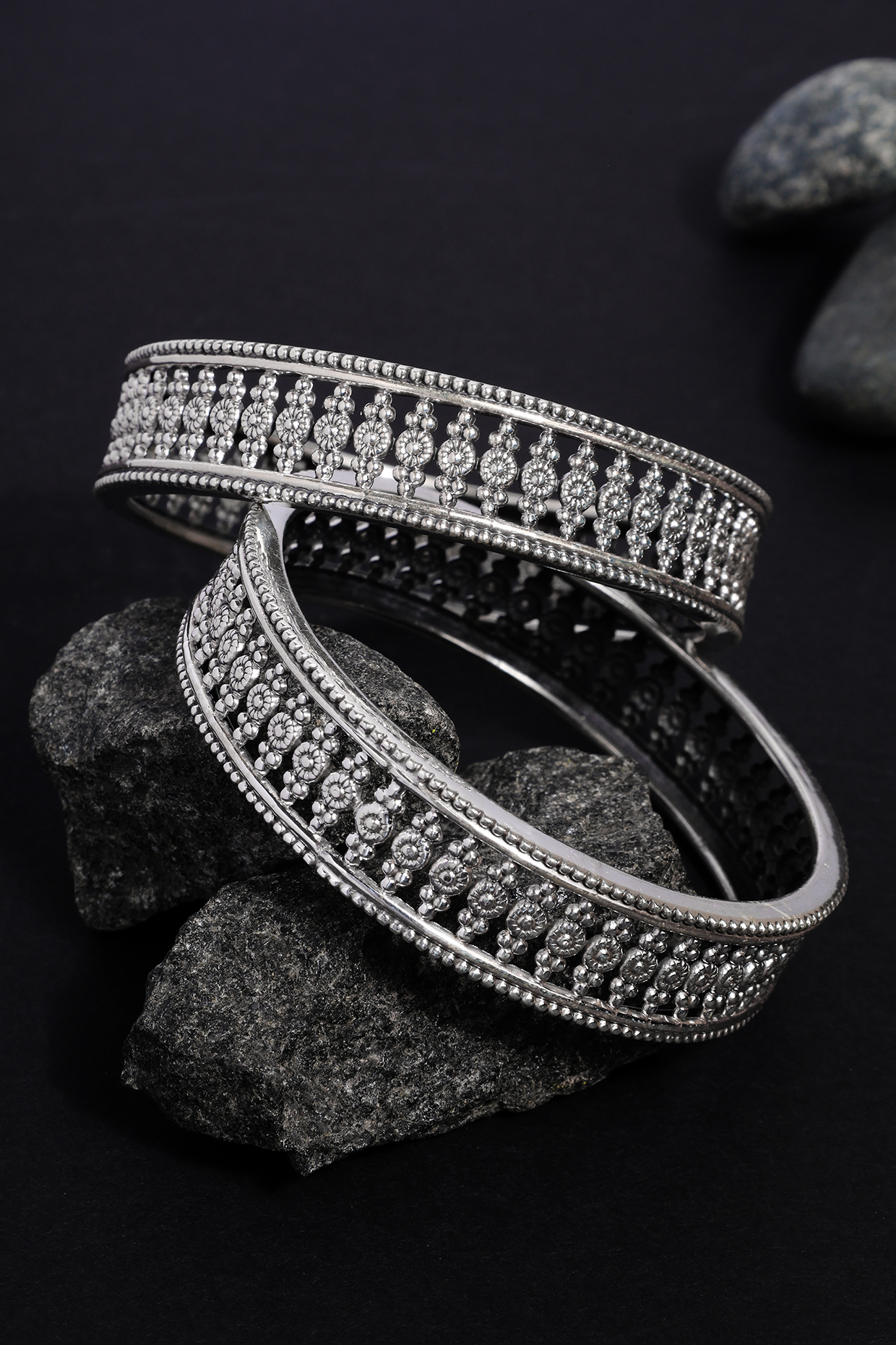 White Finish Temple Bangles In Sterling Silver (Set Of 2) by Mero at Pernia's Pop Up Shop