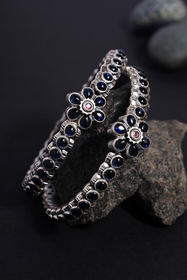 White Finish Blue Kempstone Temple Bangles In Sterling Silver (Set Of 2) by Mero at Pernia's Pop Up Shop