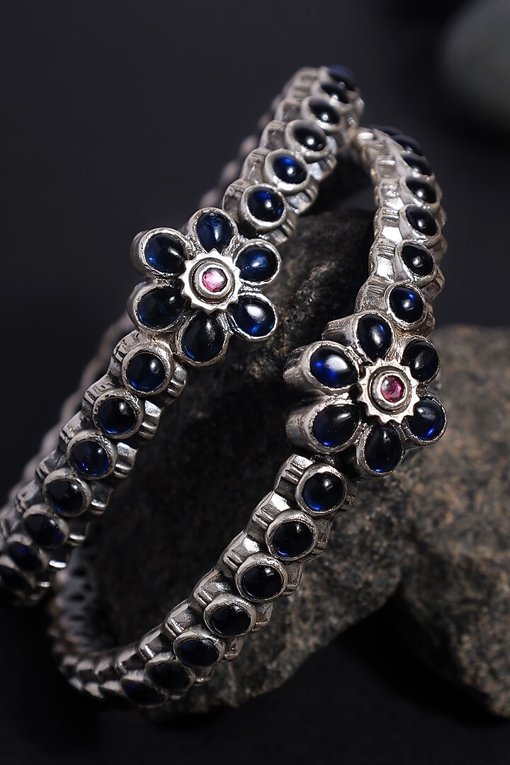 White Finish Blue Kempstone Temple Bangles In Sterling Silver (Set Of 2) by Mero at Pernia's Pop Up Shop