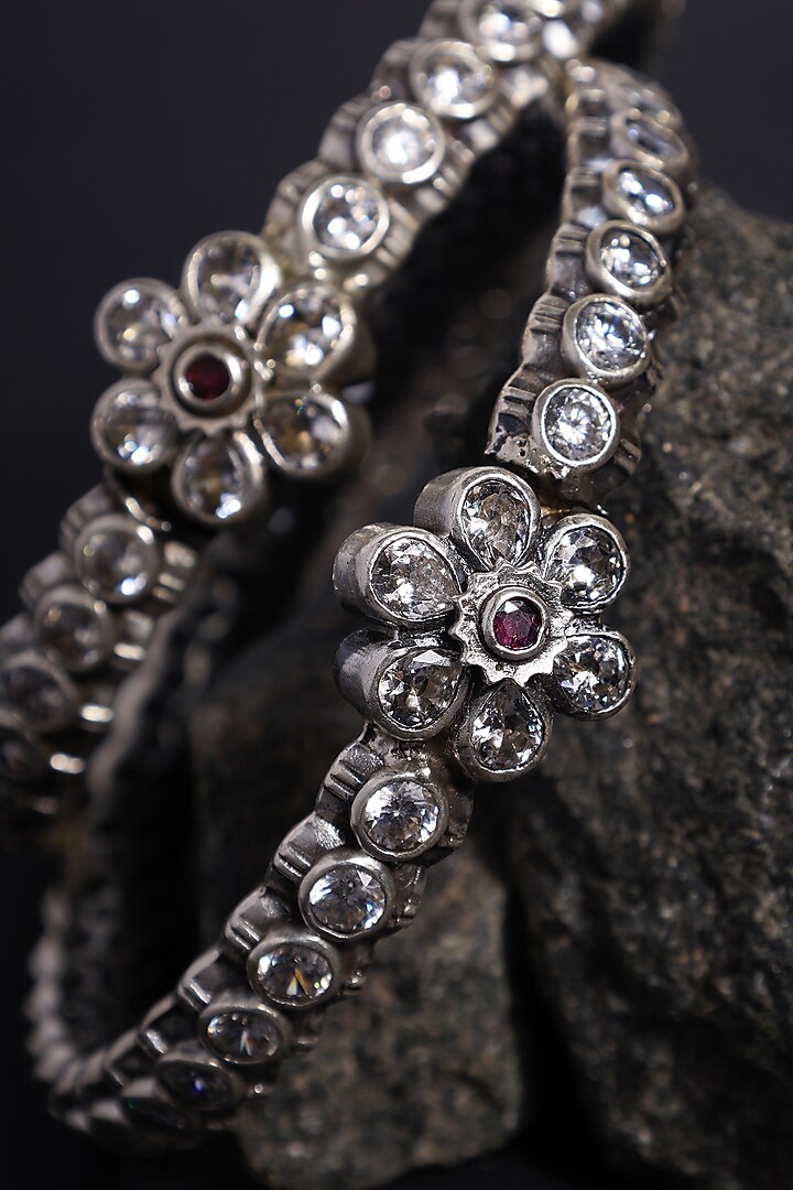 White Finish CZ Temple Bangles In Sterling Silver (Set Of 2) by Mero at Pernia's Pop Up Shop