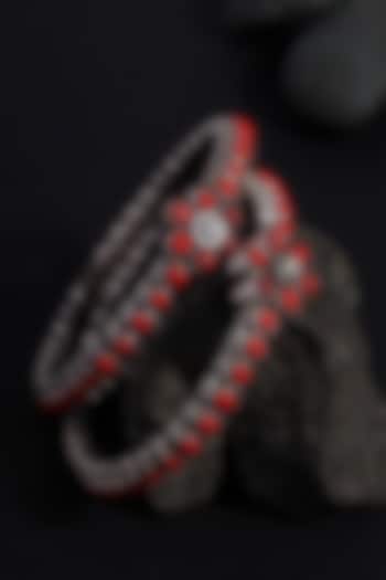 White Finish Coral Stone Temple Bangles In Sterling Silver (Set Of 2) by Mero at Pernia's Pop Up Shop