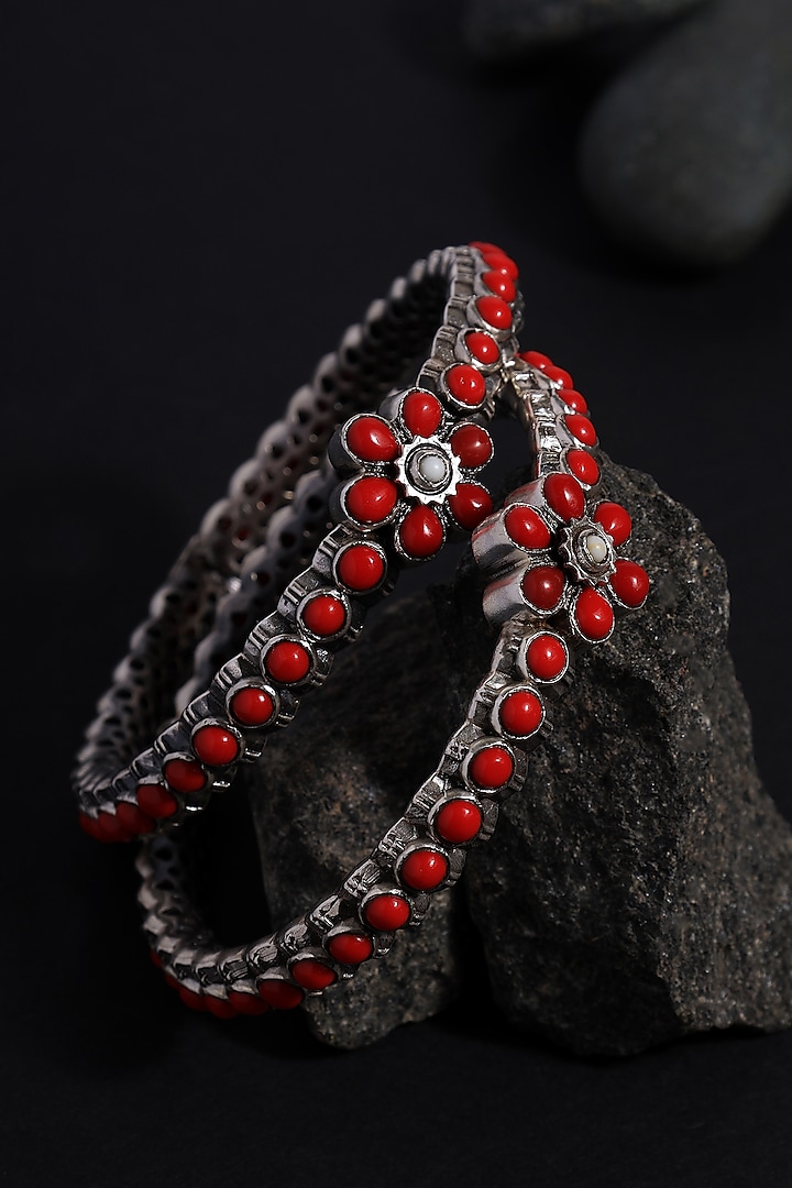 White Finish Coral Stone Temple Bangles In Sterling Silver (Set Of 2) by Mero at Pernia's Pop Up Shop