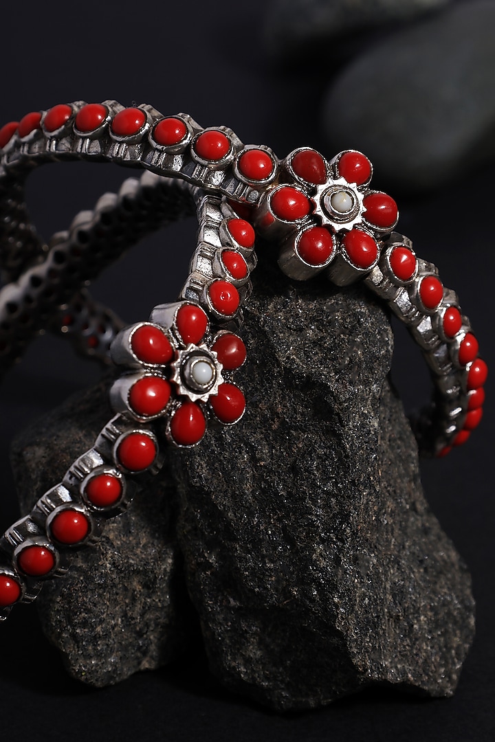 White Finish Coral Stone Temple Bangles In Sterling Silver (Set Of 2) by Mero at Pernia's Pop Up Shop