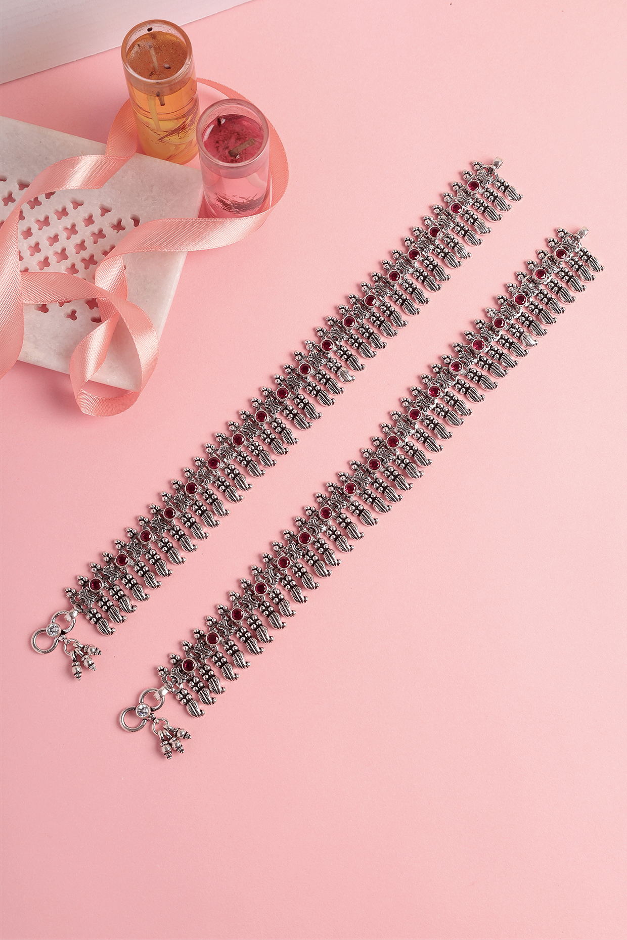 White Finish Ruby Stone Temple Anklets In Sterling Silver (Set Of 2) by Mero at Pernia's Pop Up Shop