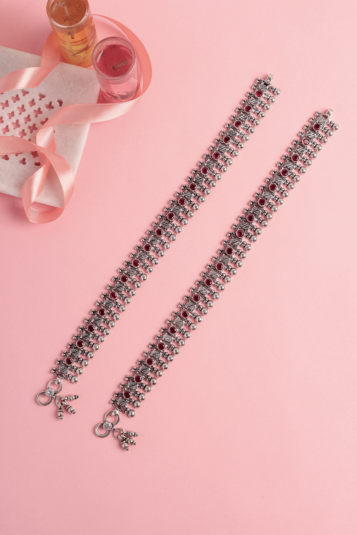 White Finish Ruby Beaded Temple Anklets In Sterling Silver (Set Of 2) by Mero at Pernia's Pop Up Shop