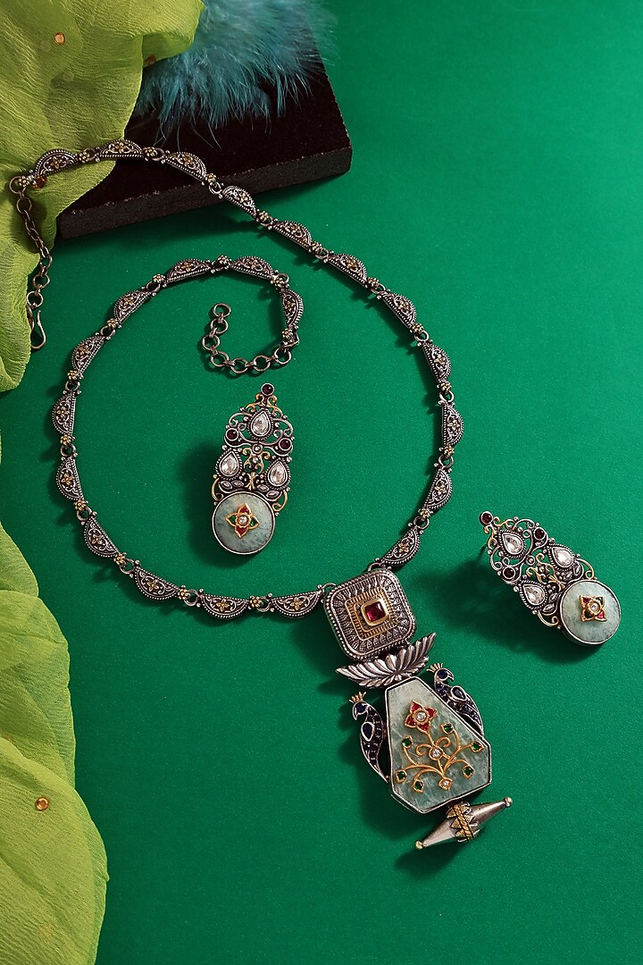 Two-Tone Finish Kundan Polki & Jade Stone Handcrafted Temple Necklace Set In Sterling Silver by Mero at Pernia's Pop Up Shop