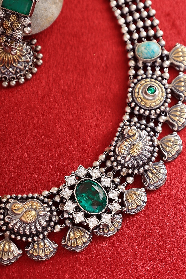 Two-Tone Finish Kemp stone & Green Jade Stone Handcrafted Temple Necklace Set In Sterling Silver by Mero at Pernia's Pop Up Shop